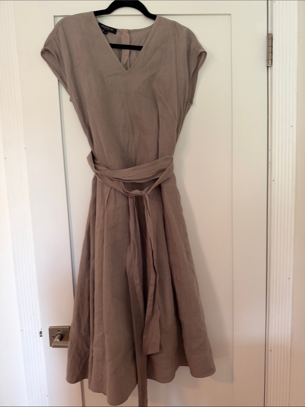 Neutral Taupe V-Neck Belted Midi Dress